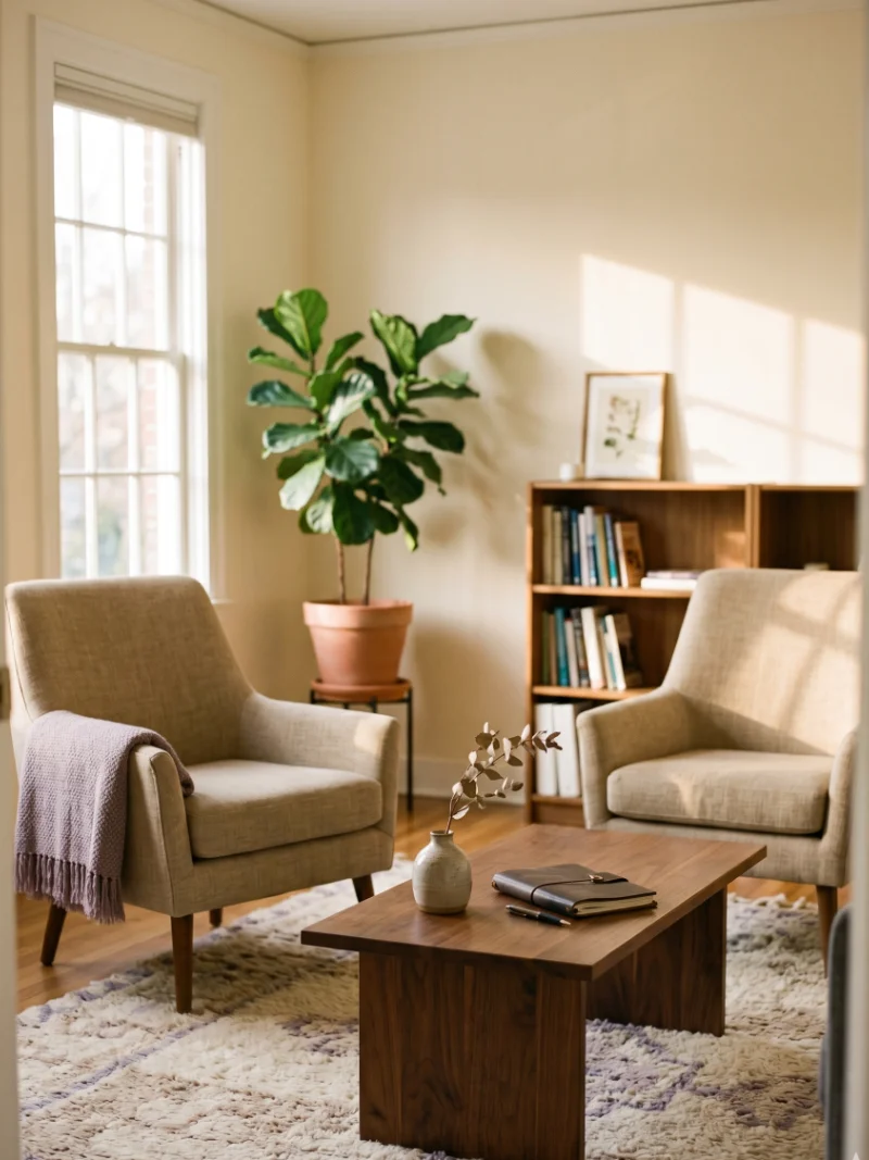 A quiet consultation room — two sand-linen armchairs facing each other across a walnut coffee table, soft afternoon light.
