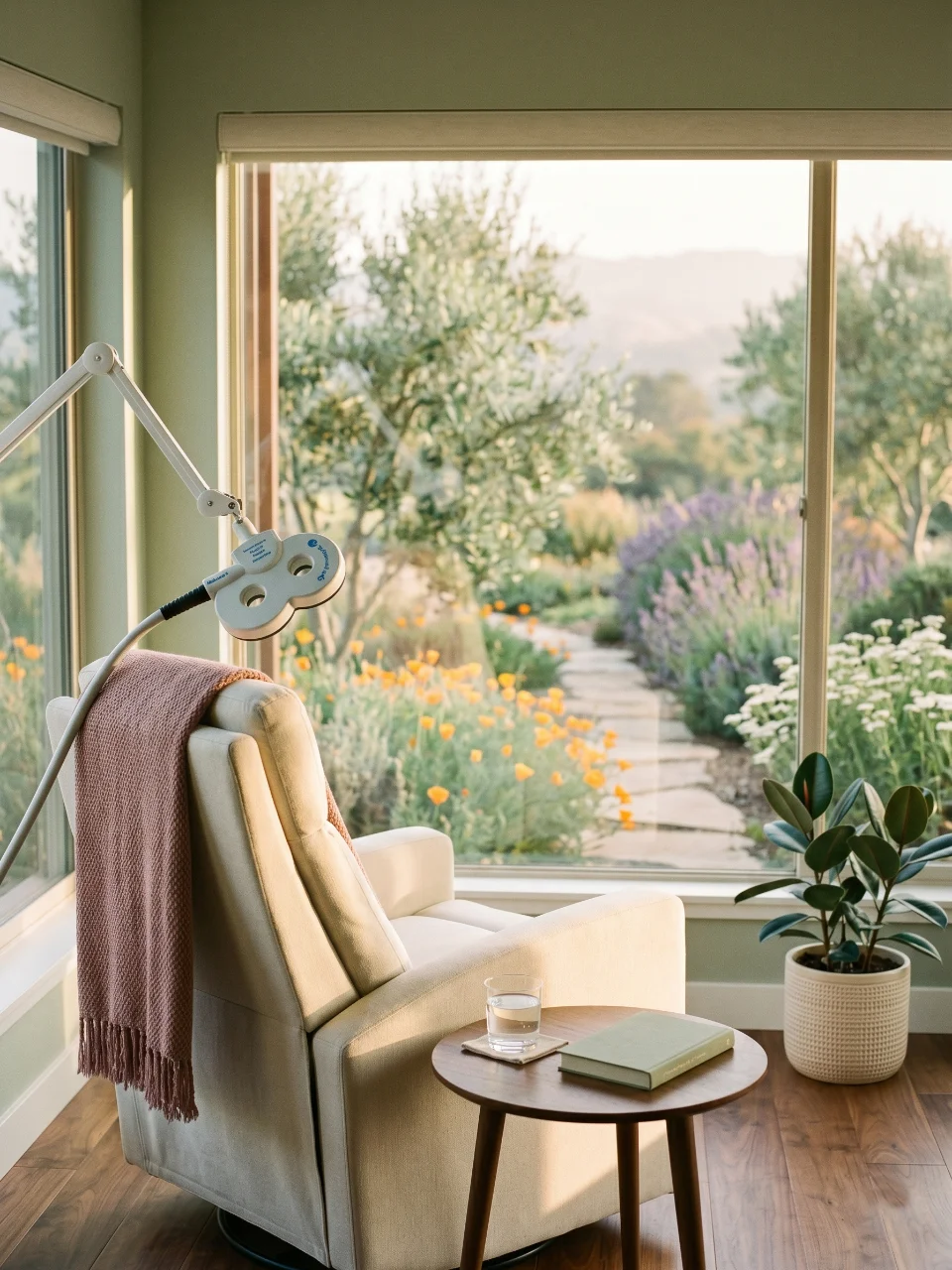 A calm TMS treatment suite — cream-leather reclining chair in soft afternoon light, the treatment device unobtrusive to the side, sage plaster walls and a tall window with sheer linen curtains