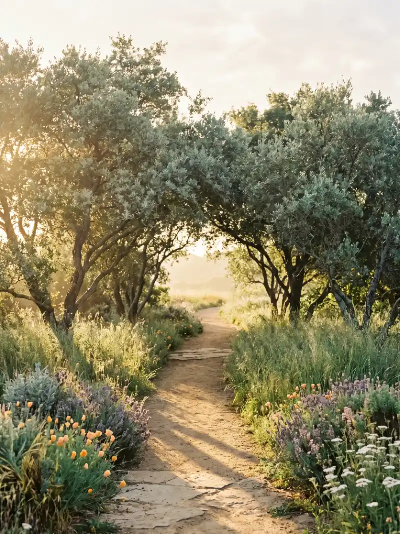 A path of warm stone winding through olive trees and California wildflowers in soft golden morning light.