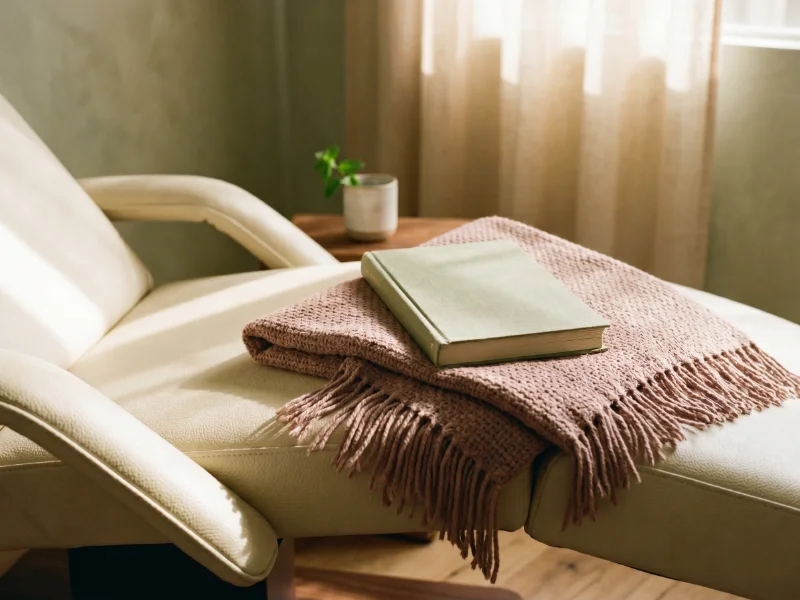 A welcoming TMS treatment room with a comfortable cream-colored reclining chair, the TMS device on a discreet stand, soft sage-green walls